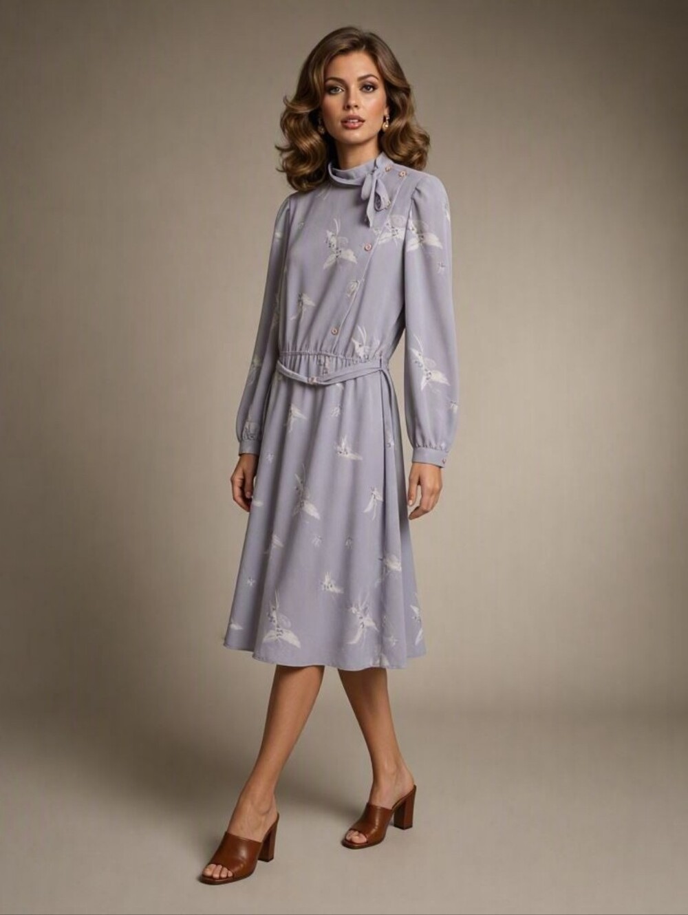 1970s Vintage Light Gray Floral Tie-Neck Midi Dress